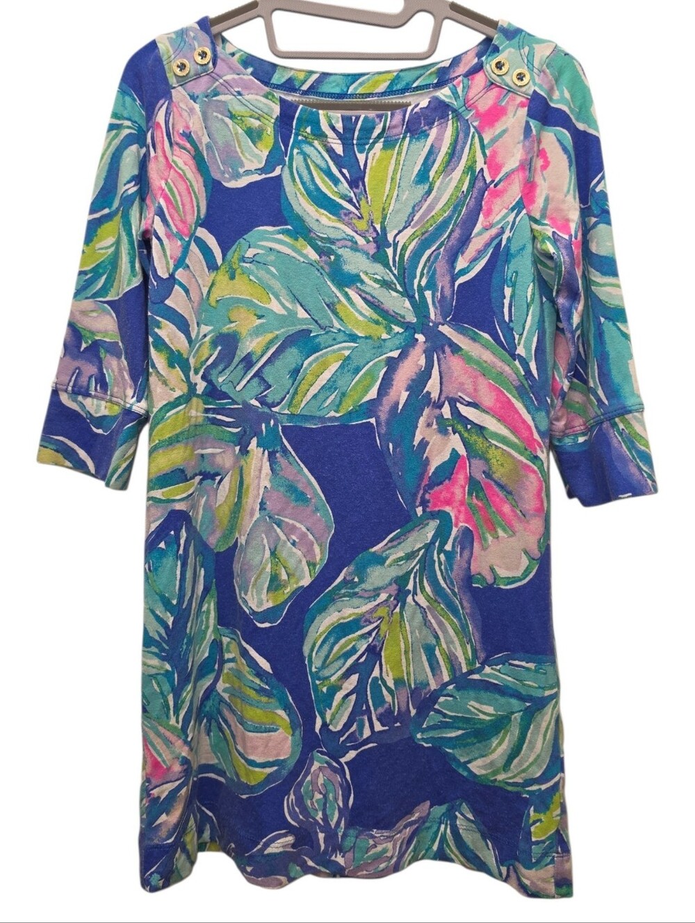 Lilly Pulitzer Blue Tropical Floral Shift Dress with Green Accents - Small 4/5